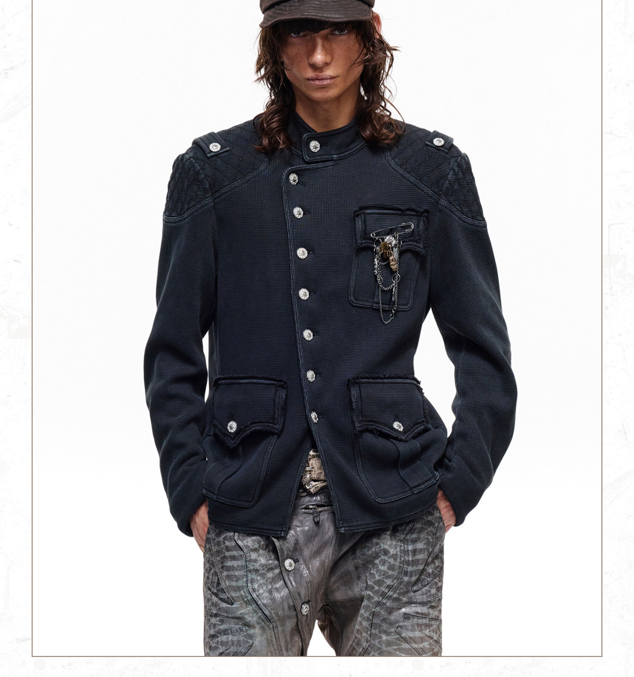 PERSONSOUL Distressed Waffle Zhongshan Jacket