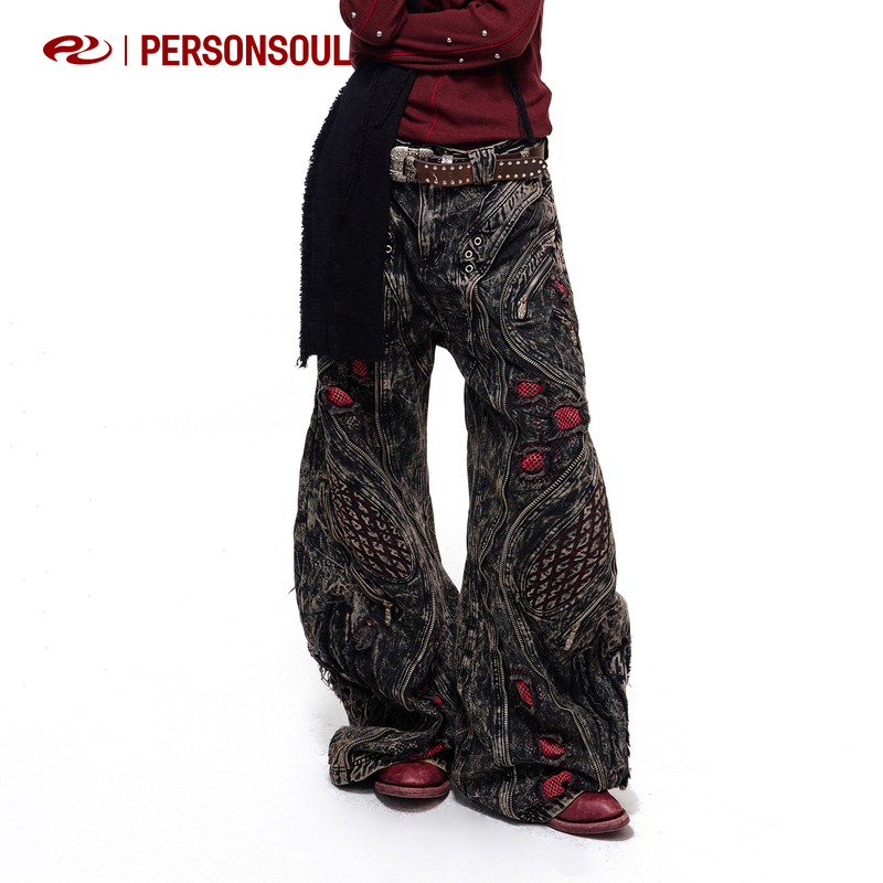 Personsoul* Irregularly Patterned Washed Red and Black Jeans Alian Jeans Personsoul* Irregularly Patterned Washed Red and Black Jeans Alian Jeans