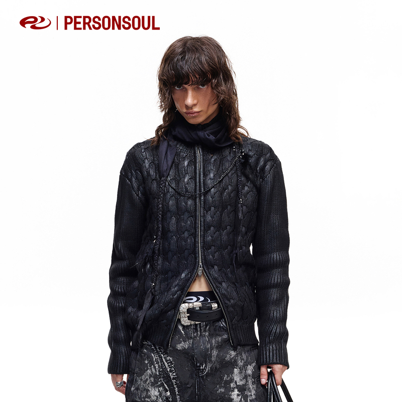 Personsoul* Chain Twist Wax-Coated High-Neck Zipper Chain Sweater Wasteland Sweater