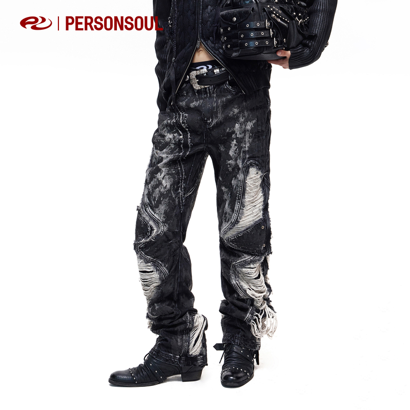 Personsoul* Curved Silhouette Distressed Rubberized Jeans Erosion Destroys Jeans