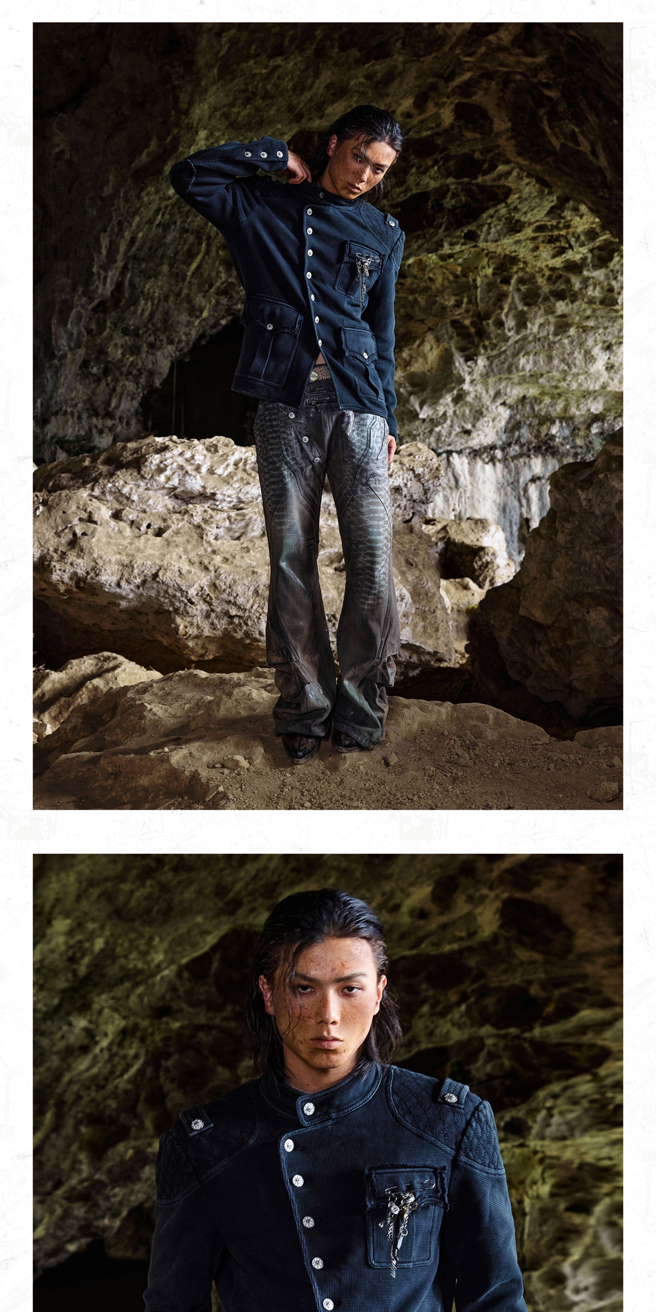 PERSONSOUL Distressed Waffle Zhongshan Jacket