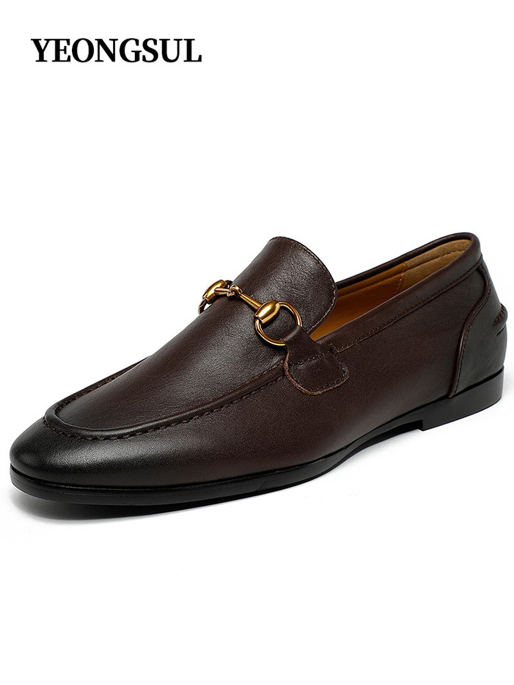 Yingshu brand leather shoes Qihang shop brown leather horsebit buckle loafer men's shoes all-match slip-on flat commuter shoes