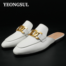 Twist buckle cowhide toe head half slippers mens summer half care no heel loafers mens net red leather lazy shoes