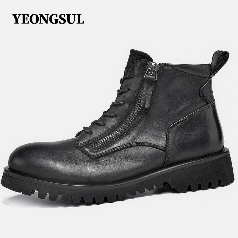 Men's mid-tube martin boots men's boots British style high-top shoes men's leather tooling boots autumn and winter fleece warm men's boots