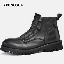Mens mid-tube martin boots mens boots British style high-top shoes mens leather tooling boots autumn and winter fleece warm mens boots