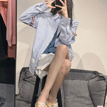 Couple wear early autumn TB striped woven shirt trendy college style womens long-sleeved blue loose mid-length shirt jacket