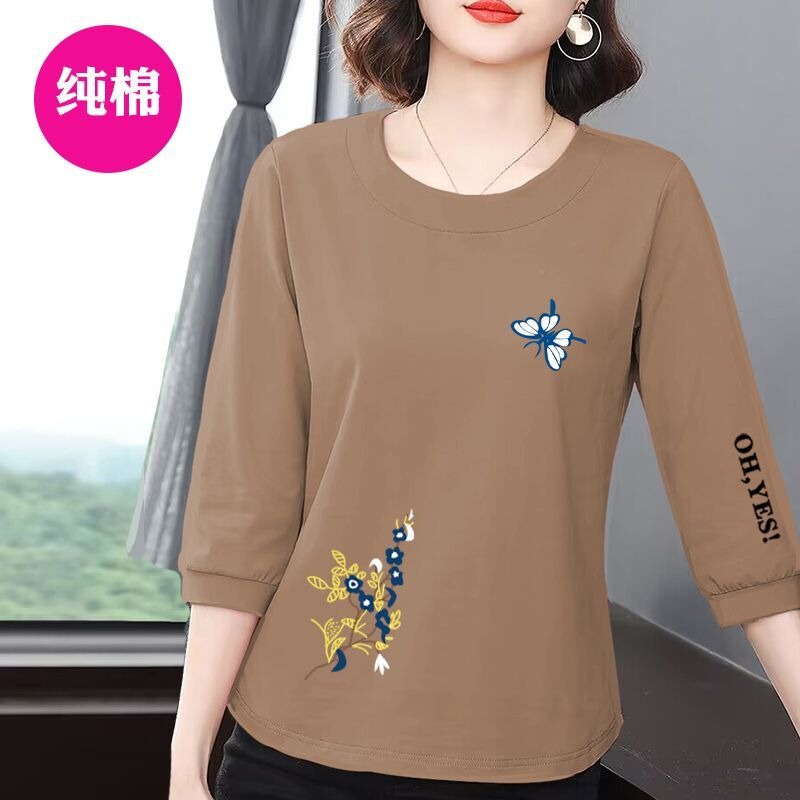 Brand Clearance Sale, Surplus Stock, Export Surplus, Plus-Size Women's Clothing, Pure Cotton, Three-Quarter Sleeve T-Shirt, Spring/Summer Wear for Mothers, Long Mid-Sleeve Top