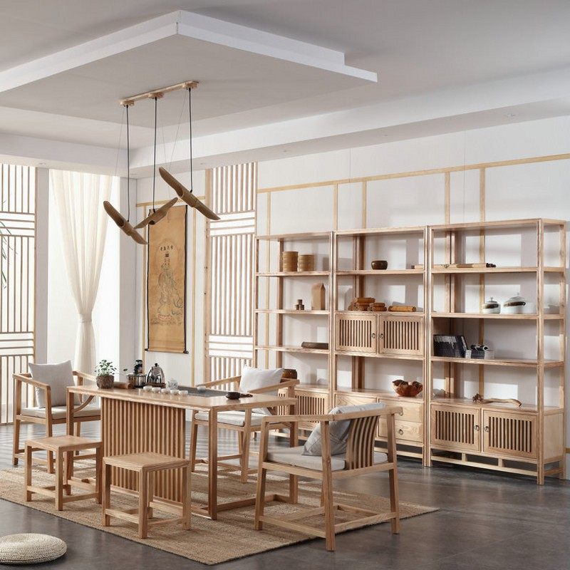 New Chinese style tea table and chair combination log color all solid wood tea table Zen Kung Fu tea table club tea room furniture