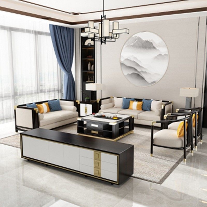 New Chinese style solid wood sofa modern minimalist high-end hotel villa model room light luxury fabric combination sofa furniture