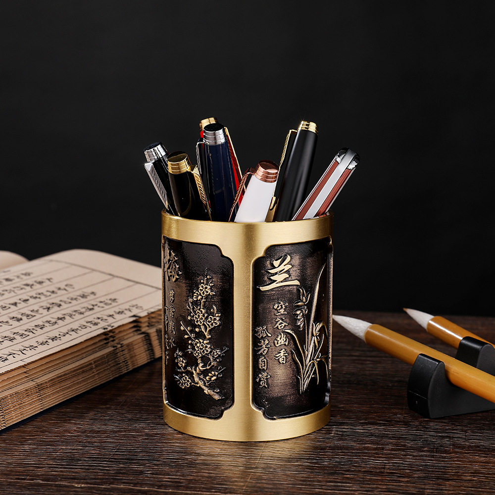 铜笔筒纯黄铜梅兰竹菊高档家居书房办公室精雕装笔收纳盒摆件装饰