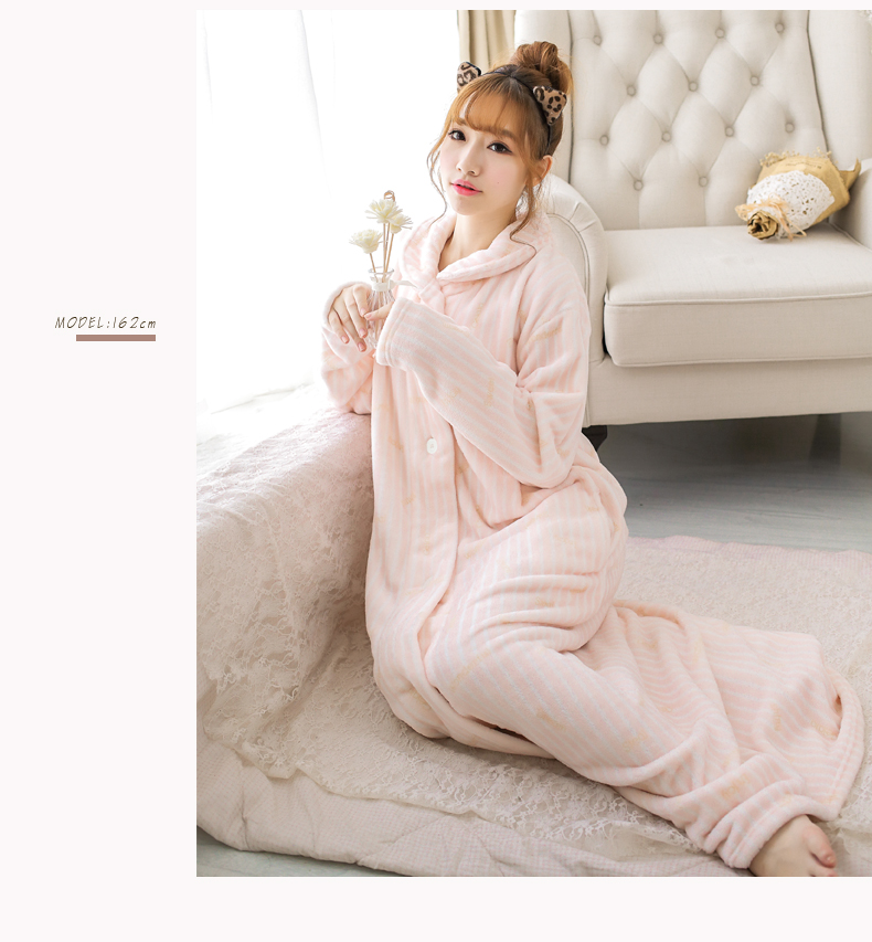 Phần dài áo choàng flannel dày dễ thương mùa thu đông Bộ đồ ngủ Nhật Bản tay dài nhung san hô đêm đồ ngủ nữ