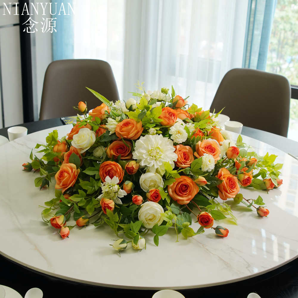 Hotel Great Dining Table Emulation Flower High-end Dining Room Bag Compartment Large Round Table Turntable Pendulum Flower Decoration Fake Flower Center Pendulum