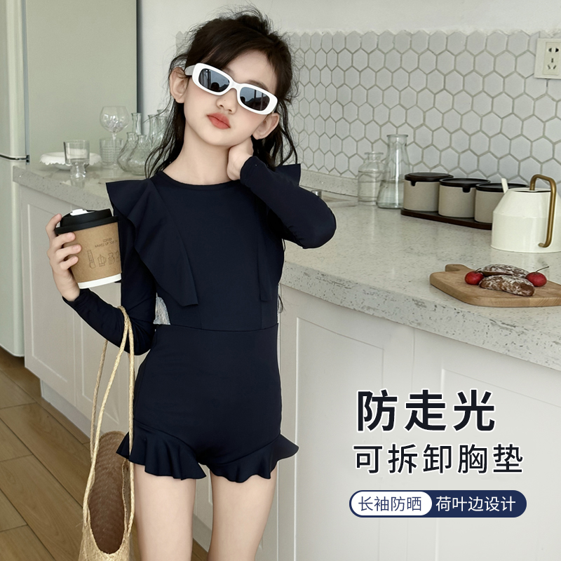 女の子の水着2025新しい夏の高級ワンピースMとLの子供のスタイリッシュな日焼け止め長袖女の子の水着