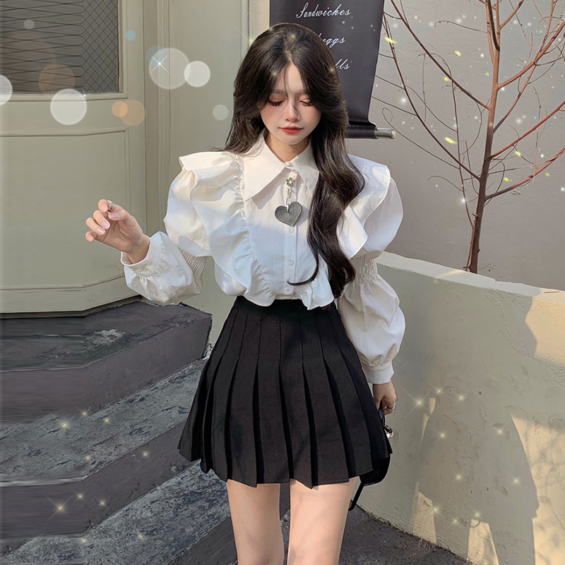 White Shirt for Women with a Unique Design, Ruffled Puff Sleeves, High-End Feel, Beautiful and Distinctive Blouse, Preppy Style Top