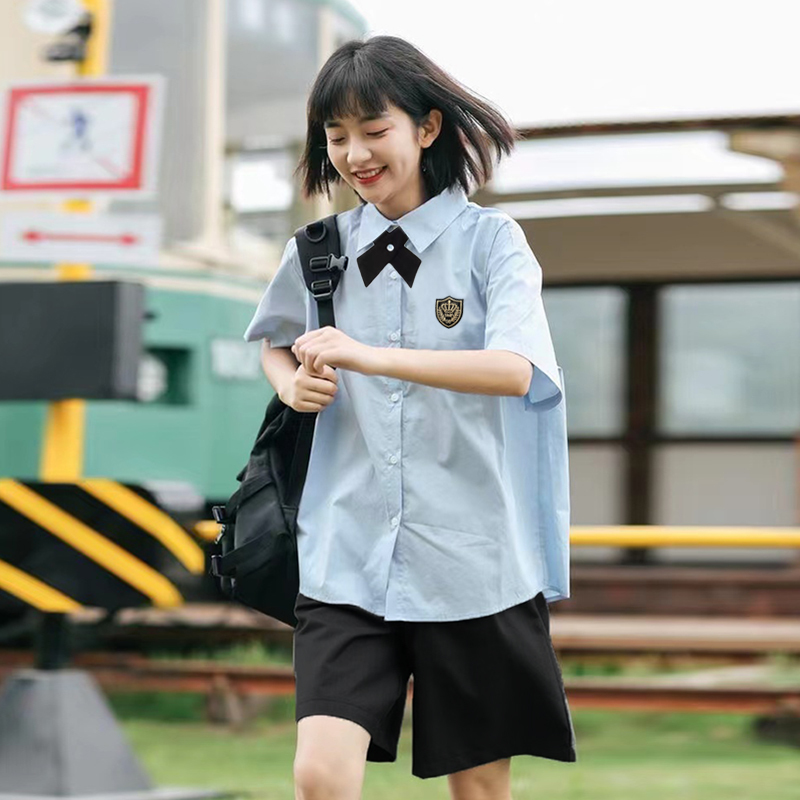 Blue Shirt Female Student Jk Uniform Summer Short-Sleeved Shirt Thai Style School Uniform Suit Shorts Dk Preppy Style Suit
