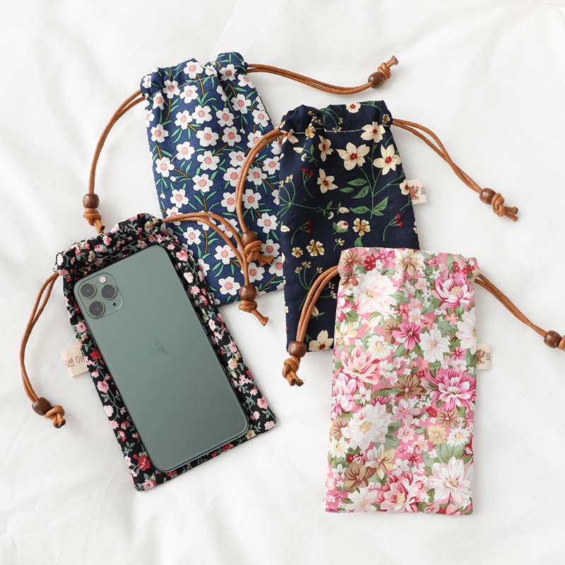 Retro flowers 6 5 inch apple 13 mobile phone bag female middle-aged and elderly drawstring cotton dust bag portable storage bag