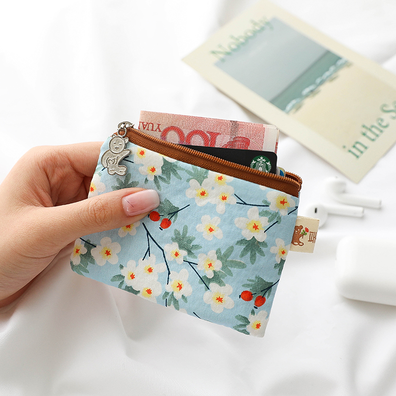 Small fresh summer cotton small square bag fabric small floral pocket coin bag female zipper card bag coin purse