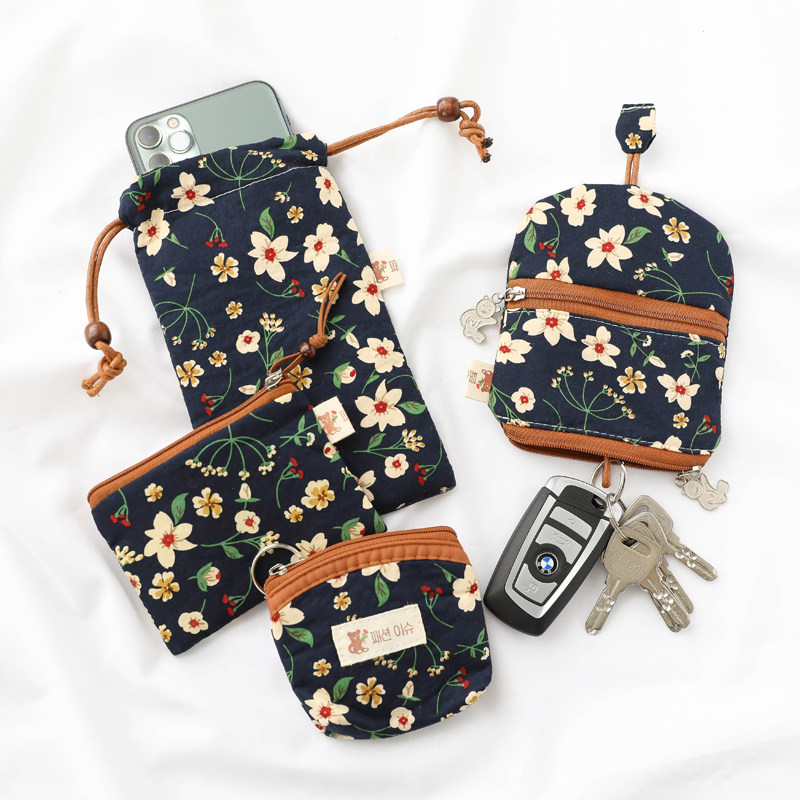 Dark blue linden flower fabric floral coin purse female middle-aged and elderly grandma retro zipper drawstring mobile phone bag