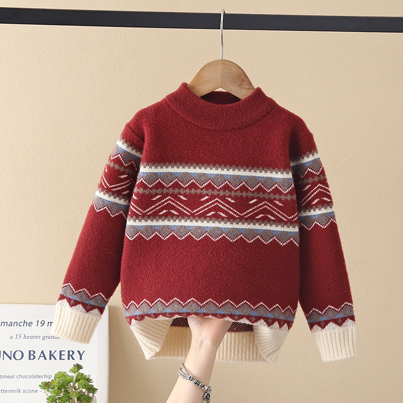 Boys' Sweater Knit Base Layer, Non-Pilling, Round Neck, Thickened, Warm, Autumn and Winter Children's Clothing, New Stylish Red Long-Sleeve
