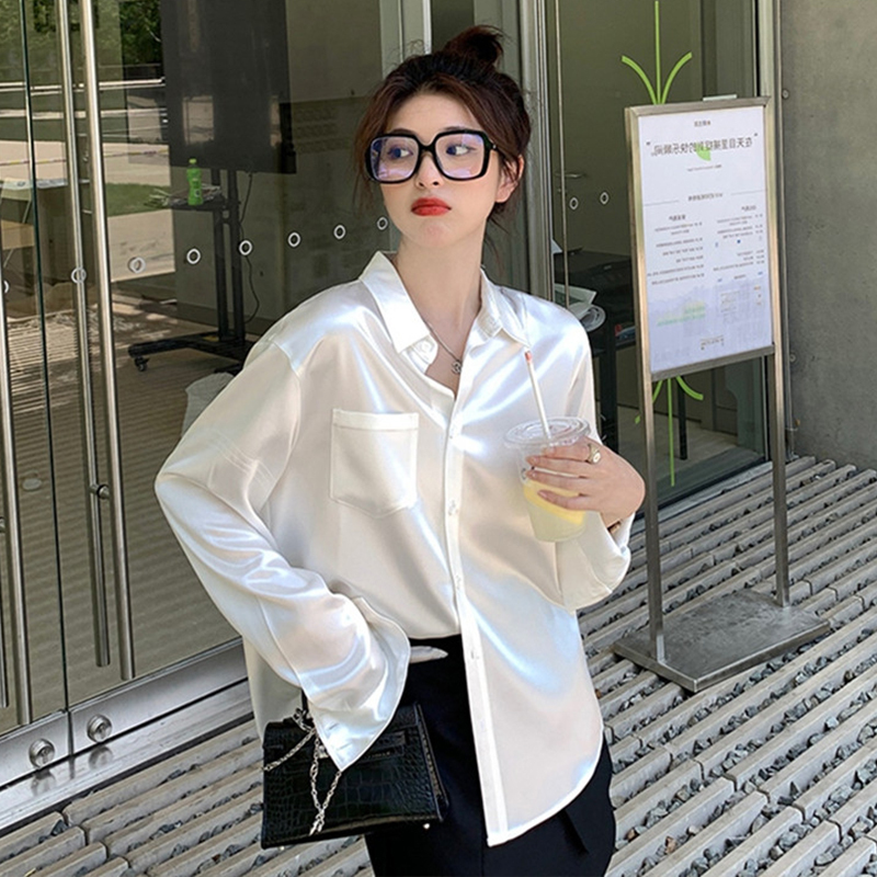 French Acetate Silk Satin White Shirt for Women, Spring and Autumn Long-Sleeved Drapey Shirt, High-End Professional Top