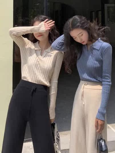 polo领打底针织衫女秋冬洋气内搭修身显瘦v领毛衣高级感软糯上衣