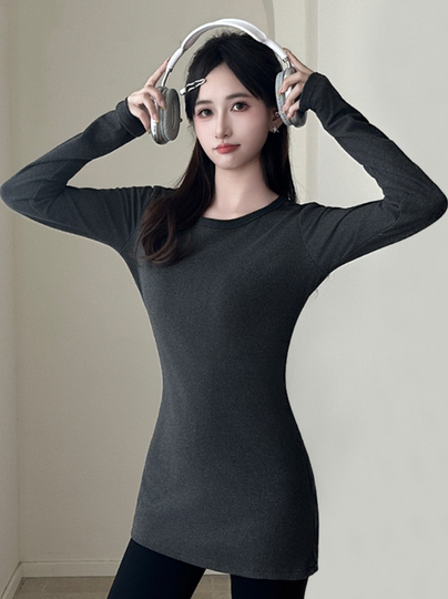 韩系慵懒松弛感中长款长袖T恤女秋季长款上衣修身显瘦内搭打底衫