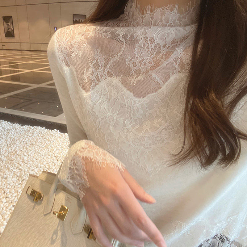 Half-Turtleneck Lace Base Shirt for Women, 2026 Autumn and Winter New Style, Sweater Layering with a High-End Mesh Top, Mid-Neck Blouse
