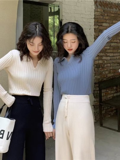 polo领打底针织衫女秋冬洋气内搭修身显瘦v领毛衣高级感软糯上衣