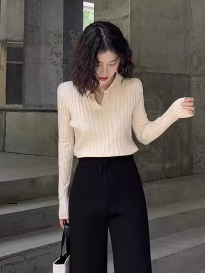 polo领打底针织衫女秋冬洋气内搭修身显瘦v领毛衣高级感软糯上衣
