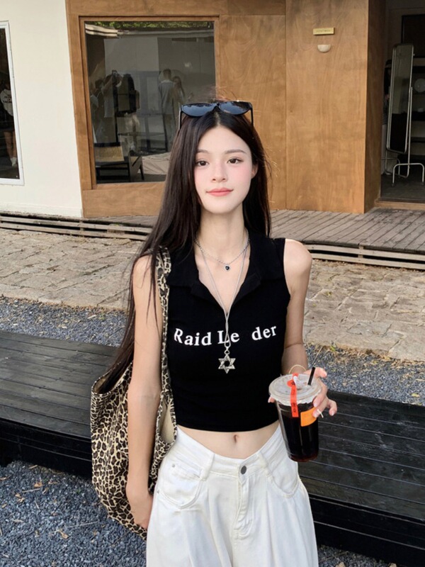 Letter Print Black Polo Collar Tank Top T-Shirt for Women, Summer Niche Slim Fit, Slimming, Cropped, Sleeveless Top