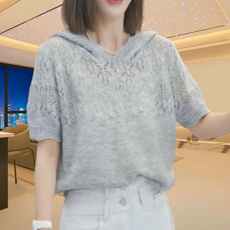 Korean Style Hollow-Out Knit Sweater for Women, Short-Sleeve Hooded Pullover, New Summer Fashion, Stylish and Loose-Fitting, Versatile Gray Top