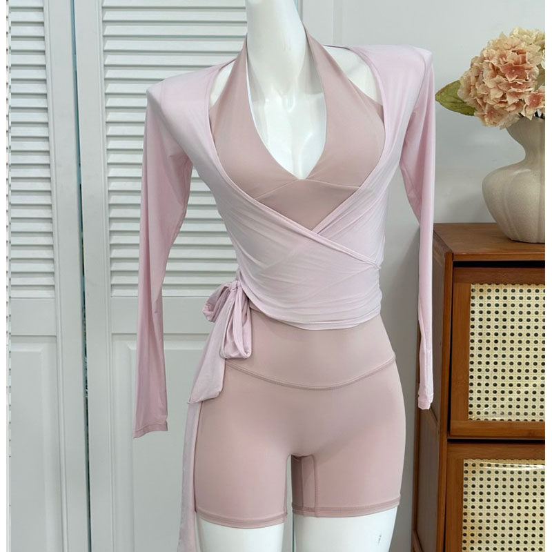 Foreign website white women's aesthetic ballet style yoga outfit set women's Pilates strap cover-up nude back fitness clothes