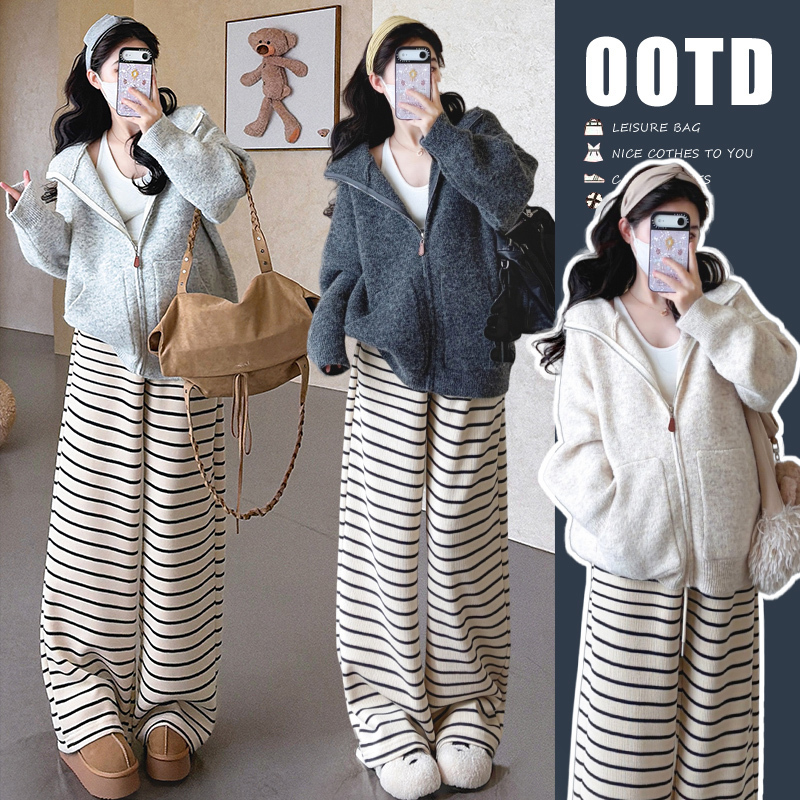 Maternity Wear Autumn and Winter Set with a High-End Feel, 2026 New Style Hooded Knitted Sweater Jacket and Striped Pants Two-Piece Set