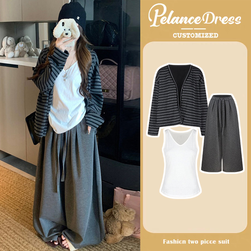 Maternity Autumn Outfit Set 2026 New Striped Cardigan Jacket Camisole Top Vest Autumn and Winter Wide-Leg Pants Three-Piece Set
