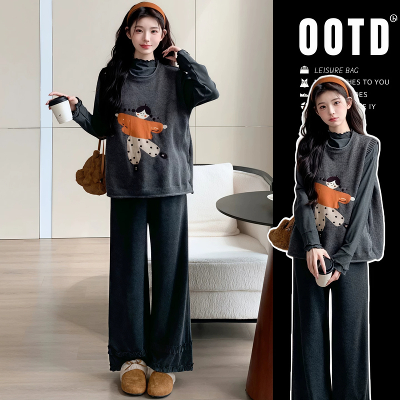 Maternity Wear Autumn and Winter Set with a High-End Feel, 2026 New Cartoon Sweater, Vest, and Wide-Leg Pants Three-Piece Set That Doesn'T Show Pregnancy