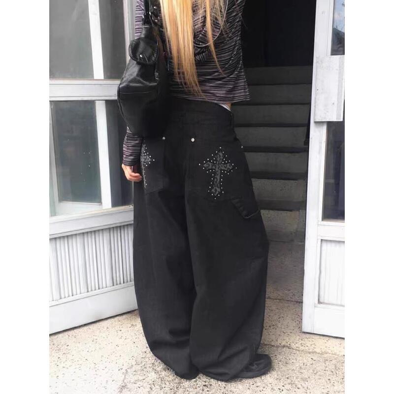 American Retro Leopard Print Cross Dagger Jeans for Women, Spring and Autumn Style, High Street Design, Loose and Slimming Wide-Leg Pants