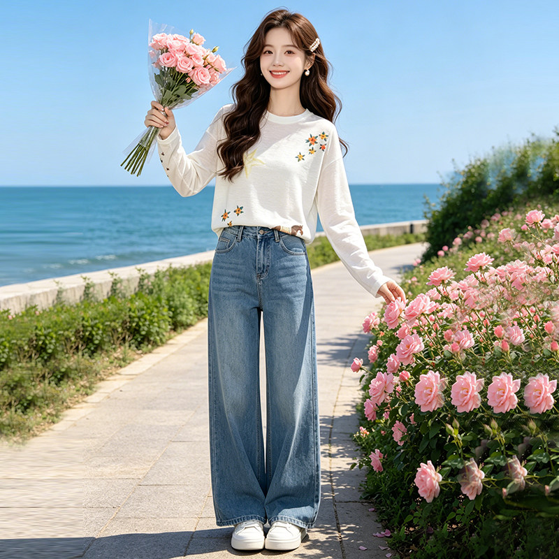 宽松花朵小马印花百搭T恤女2026夏季新款高级感休闲时尚薄款长袖