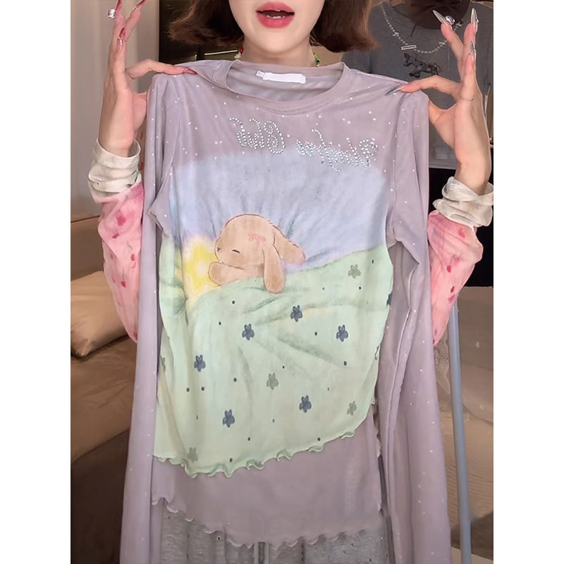 Fun and Youthful Print Ruffled Long-Sleeve T-Shirt Top for Women, New Summer Fashion Versatile Slim-Fit Mesh Blouse Fun and Youthful Print Ruffled Long-Sleeve T-Shirt Top for Women, New Summer Fashion Versatile Slim-Fit Mesh Blouse