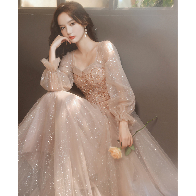 Evening Dress for Women 2026 New Spring Long-Sleeved Socialite Banquet Elegant Niche High-End Host Dress Performance