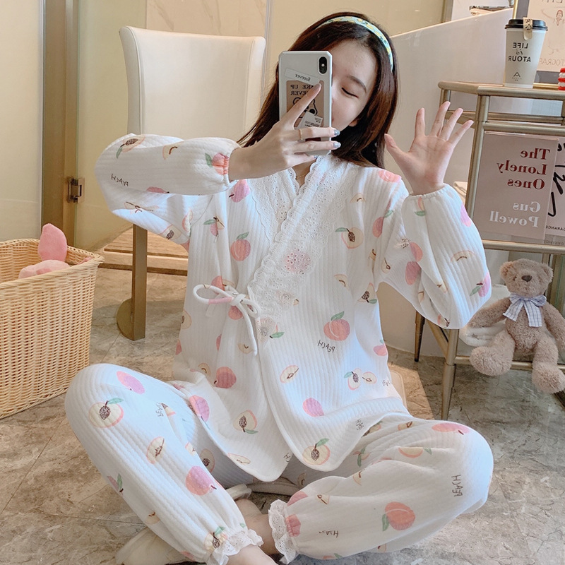 British pregnant women's pajamas spring and autumn pure cotton confinement clothing October 11 winter plus velvet postpartum women breastfeeding in December