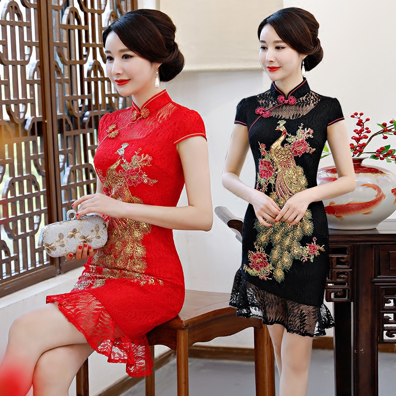 Phoenix, summer short cheongsam for mother, evening dress, fitted,  Phoenix, summer short cheongsam for mother, evening dress, fitted,