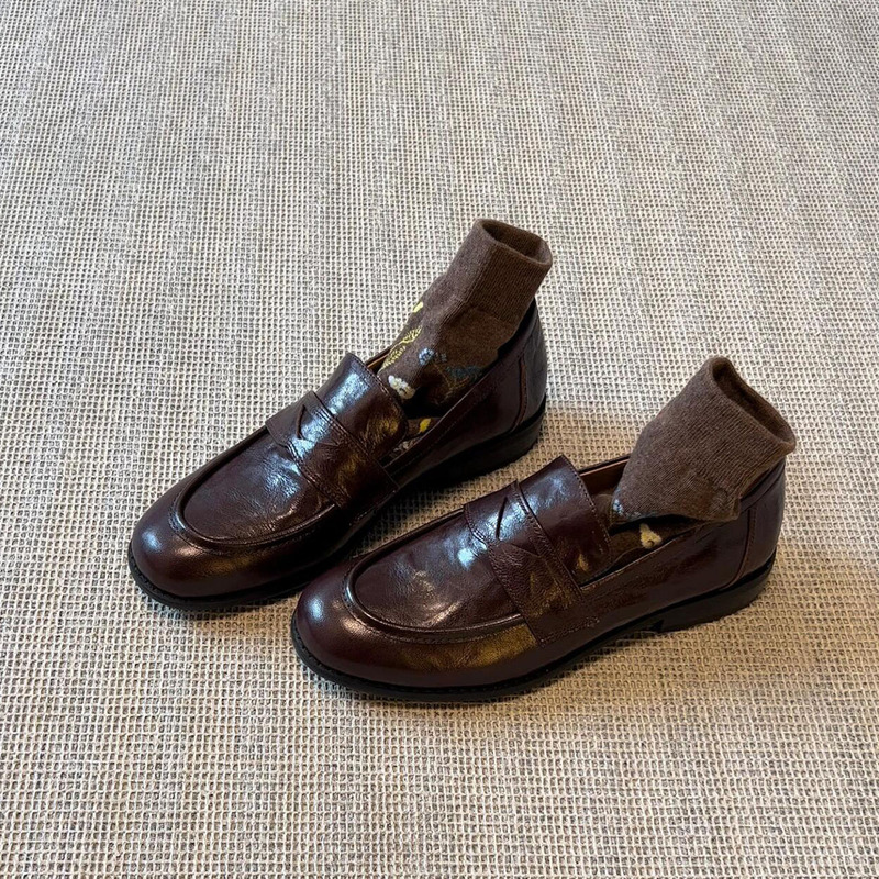 Sheepskin Version ~ Retro Genuine Leather Slip-On Loafers for Women, Chunky Heel, Flat Shoes, British Style Small Leather Shoes, Loafers Sheepskin Version ~ Retro Genuine Leather Slip-On Loafers for Women, Chunky Heel, Flat Shoes, British Style Small Leather Shoes, Loafers
