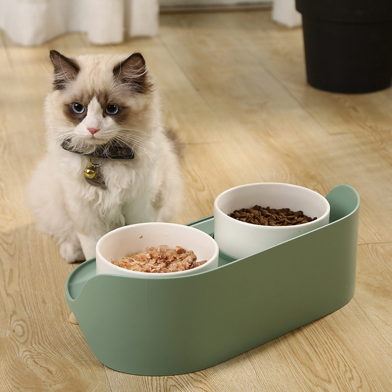 Cat Bowl Dog Bowl Pet Ceramic Month Half Bowl Protect Cervical Spine Double Bowl Eating Basin Dog Food Water Bowl Anti-Overturn Food Bowl