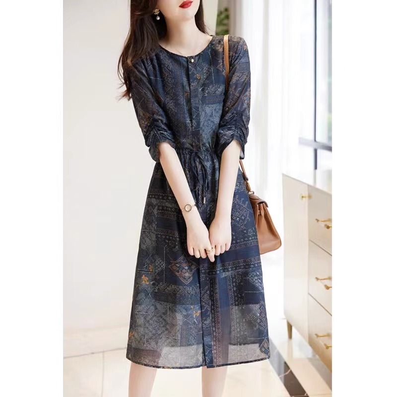 French Retro Hong Kong Style Tea Break Waist-Cinching Printed Dress Women's Summer High-End Round Neck Mid-Length Shirt Dress