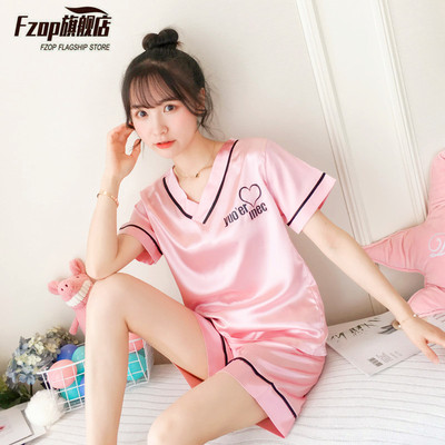fzop两件套装睡衣女夏季薄款冰丝短袖韩版甜美可爱女士真丝家居服
