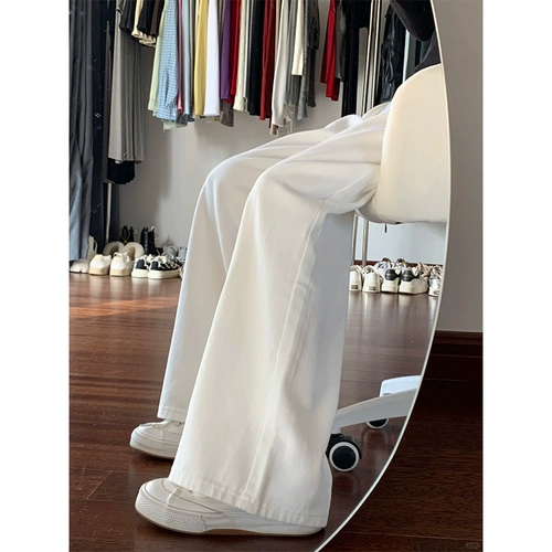 Белые джинсы, штаны, высокая талия, изысканный стиль, свободный прямой крой