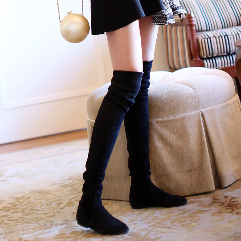 Long Boots for Women, Flat-Soled, New Autumn and Winter Style 5050, Suede Over-The-Knee Boots, Slimming High Boots, Elastic Boots, Large Size 4142
