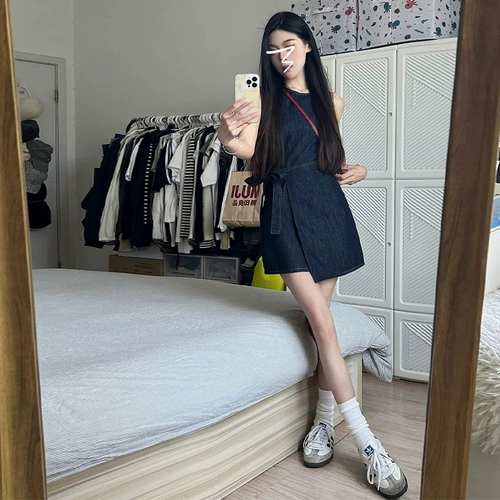 Приталенный корсет без рукавов, жилет, летнее джинсовое платье, мини-юбка, подходит для подростков, городской стиль, А-силуэт