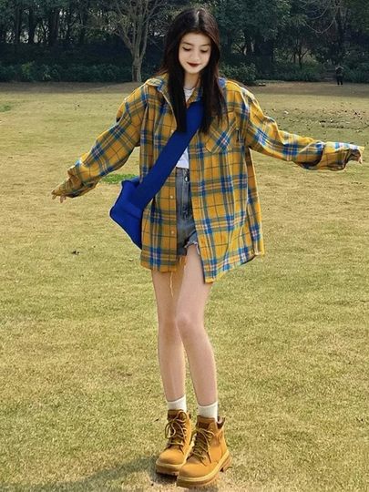 法式黄色格子衬衫衬衣外套女夏季2026年新爆款小个子长袖防晒上衣