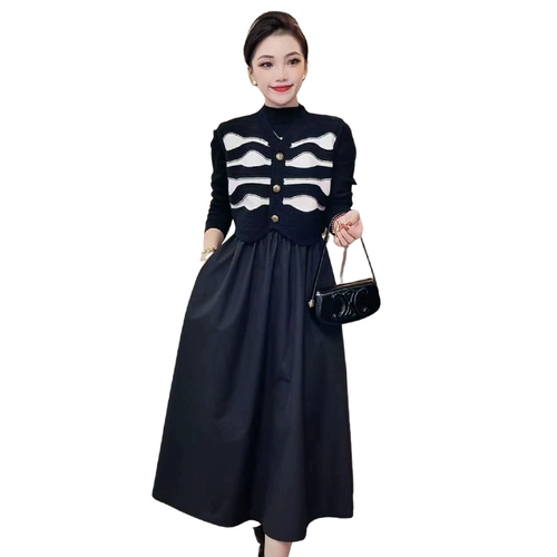 Черный трикотажный весенний лонгслив, длинная юбка, подходит для подростков, 2025 года, городской стиль, французский стиль